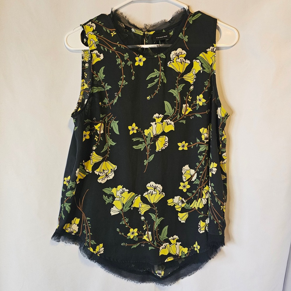 Who What Wear Womens Floral Sleeveless Blouse Black Yellow Lace Trim Size M